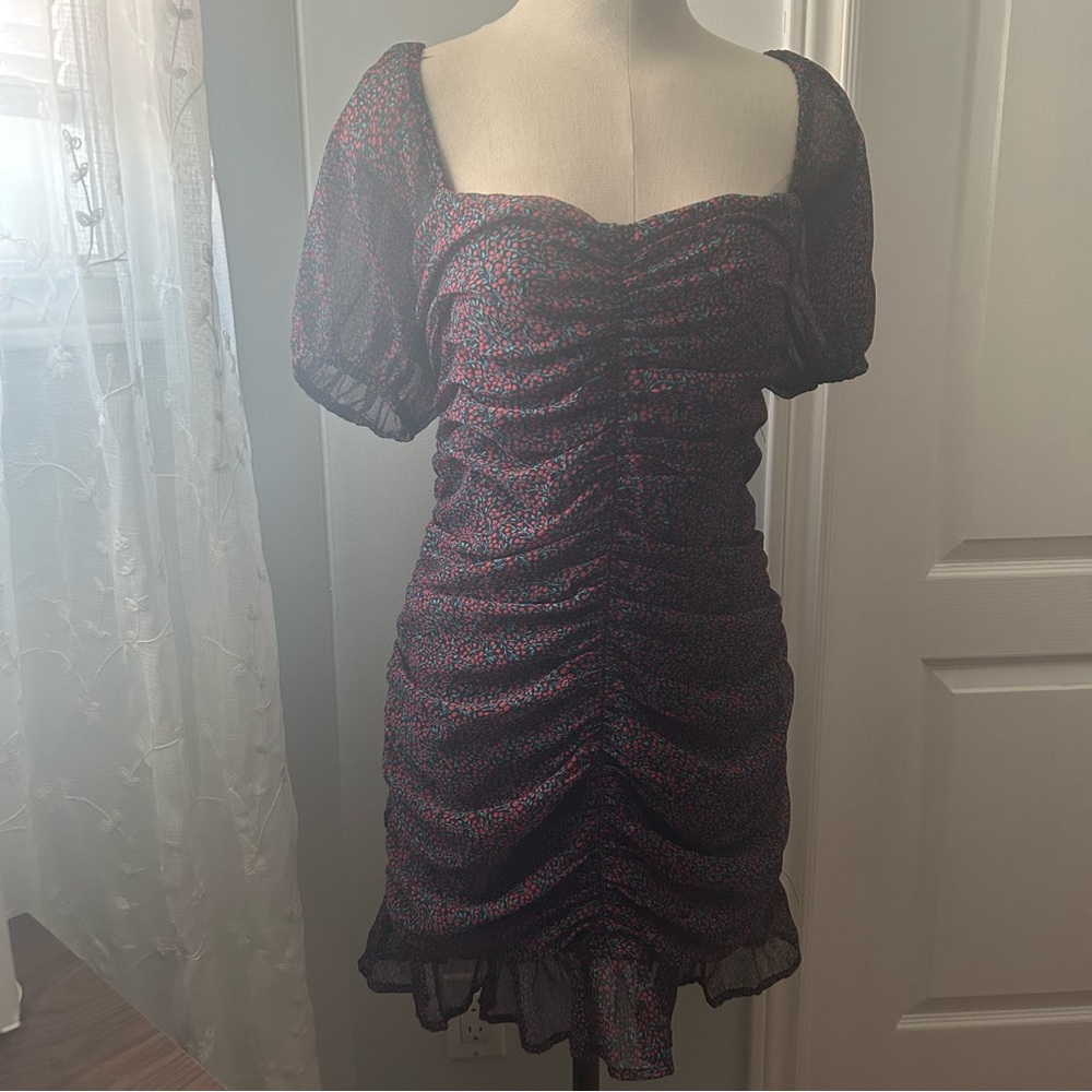 Floral Ruched Mini Dress with Puff Sleeves